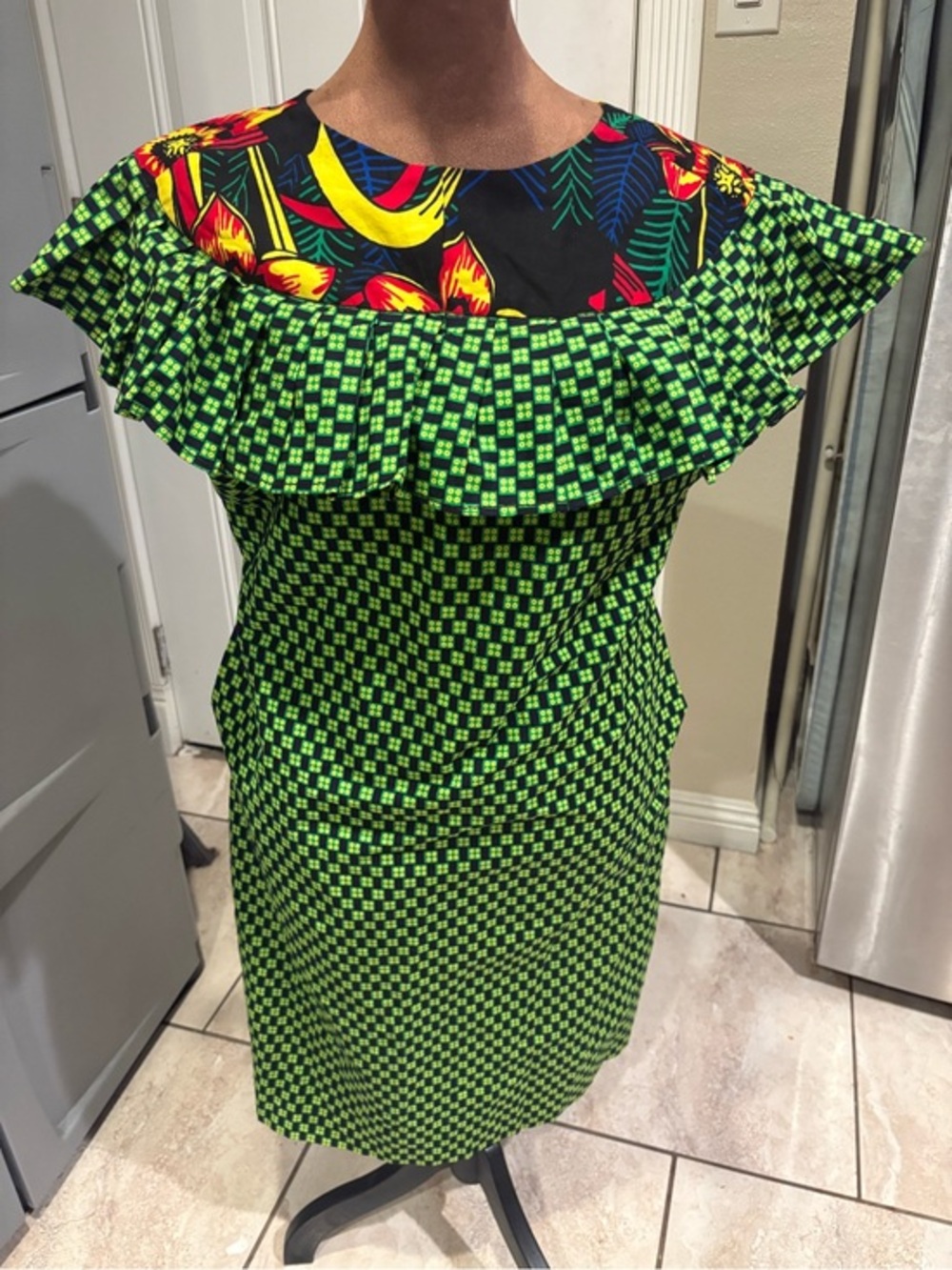 Green Checker Ruffle-Trim Women's Dress